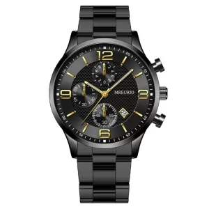MREURIO Men's Chronograph Watch, Black Stainless Steel Sports Wrist Watch with Gold Accents, Waterproof Business Casual Quartz Watch for Men