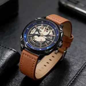 Men's Skeleton Dial Watch, Vintage Brown Leather Strap Quartz Wristwatch, Waterproof Casual Business Watch with Open Work Design