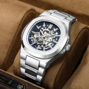 Silver Skeleton Automatic Watch for Men, Blue Bezel Mechanical Wristwatch with Stainless Steel Strap, Luxury Open-Work Business Watch