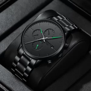 All-Black Chronograph Watch for Men, Green Accent Hands with Stainless Steel Strap, Business Casual Quartz Wristwatch with Date