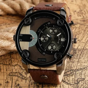 Men's Oversized Chronograph Watch, Brown Leather Strap with Black Dial, Vintage Industrial Style Casual Quartz Wristwatch with Date