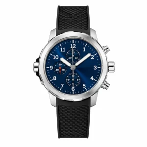 Stainless Steel Men's Automatic Mechanical Watch, Deep Blue Dial with Chronograph, Black Rubber Strap, Sports Wristwatch