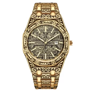 Luxury Gold Carved Men's Watch, Vintage Islamic Art Engraved Dial Quartz Wristwatch, Waterproof Stainless Steel Casual Business Watch for Men