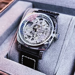 Vintage Skeleton Automatic Watch for Men, Engraved Silver Case with Brown Leather Strap, Luxury Mechanical Business Wristwatch