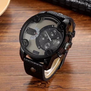 Men's Black Industrial Style Watch, Dual-Time Chronograph Quartz Wristwatch with Leather Strap, Sporty Casual Business Watch with Date