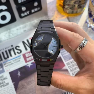 Black Minimalist Men's Watch, Mother of Pearl Dial with Gold Accents, Luxury Stainless Steel Quartz Wristwatch