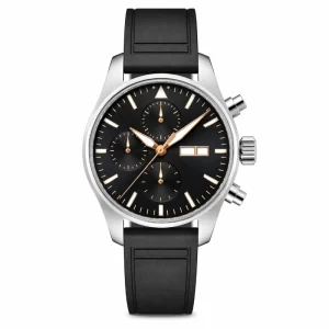Stainless Steel Men's Automatic Chronograph Watch, Black Pilot Style Dial with Gold Hands, Day-Date Display, Black Rubber Strap, Sports Wristwatch