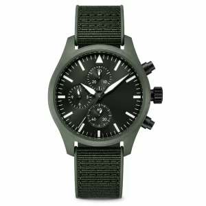 Green Ceramic Men's Automatic Chronograph Watch, Black Pilot Style Dial, Day-Date Display, Military Green Nylon Strap, Sports Wristwatch