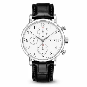 Stainless Steel Men's Automatic Chronograph Watch, White Dial with Three Sub-dials, Day-Date Display, Black Alligator Leather Strap, Business Wristwatch