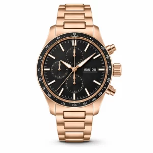 Rose Gold Men's Automatic Chronograph Watch, Black Dial with Three Sub-dials, Day-Date Display, Rose Gold Bracelet, Sports Wristwatch