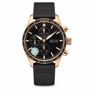 Rose Gold Men's Automatic Chronograph Watch, Black Dial with Three Sub-dials, Day-Date Display, Black Rubber Strap, Sports Wristwatch
