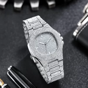 Iced Out Diamond Men's Watch, Full Crystal Bling Silver Stainless Steel Quartz Wristwatch, Hip Hop Luxury Dress Watch with Date