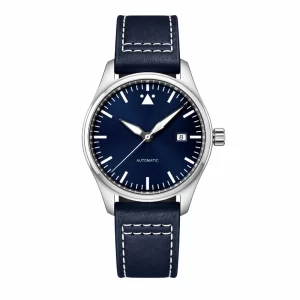 Stainless Steel Men's Automatic Mechanical Watch, Deep Blue Pilot Style Dial, Dark Blue Leather Strap with White Stitching, Vintage Wristwatch