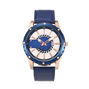 Men's Blue Rose Gold Watch, Sporty Business Quartz Wristwatch with Leather Strap, Waterproof Casual Dress Watch with Date Display
