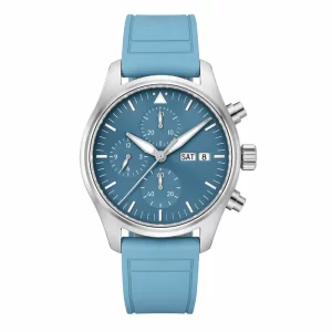 Stainless Steel Men's Automatic Chronograph Watch, Sky Blue Pilot Style Dial, Day-Date Display, Rubber Strap, Sports Wristwatch
