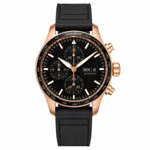 Rose Gold Men's Automatic Chronograph Watch, Black Dial with Three Sub-dials, Day-Date Display, Black Rubber Strap, Sports Wristwatch