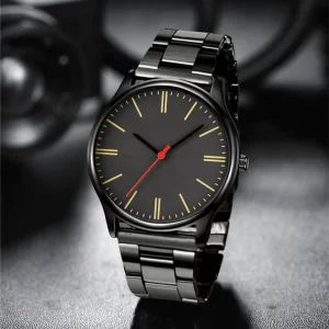 Minimalist Black Leather Watch for Men, Gold Markers with Red Second Hand, Casual Business Quartz Wristwatch